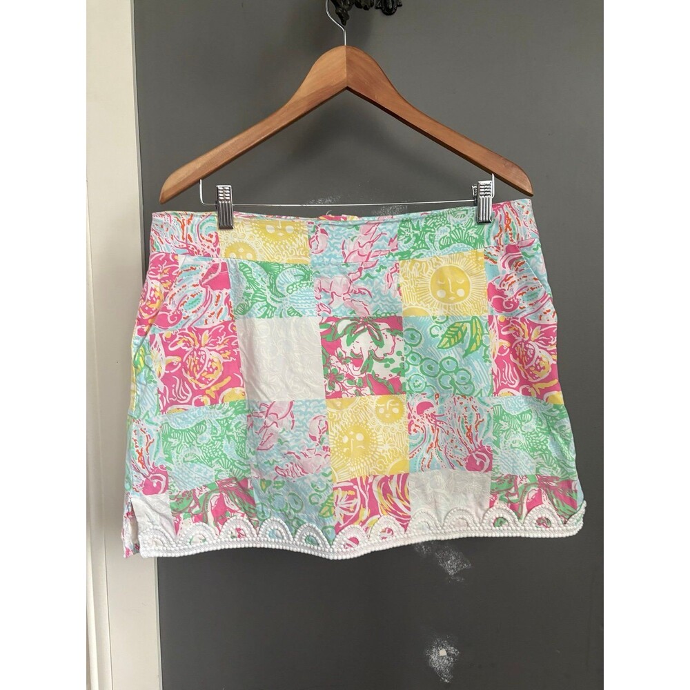 Lilly Pulitzer size 12 Patchwork Mini Skirt White Pink Blue Green Lace Trim